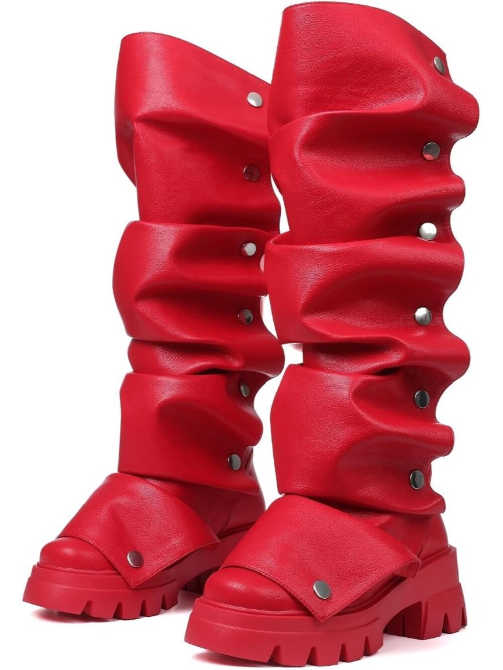 Women's Red Leather Platform Boots Fold Over Knee High Round Toe Boot Pull On